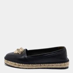 Versace Black Leather Medusa Slip on Espadrille Flats Size 37