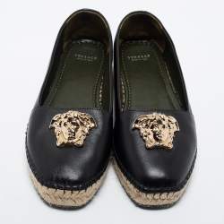 Versace Black Leather Medusa Slip on Espadrille Flats Size 37