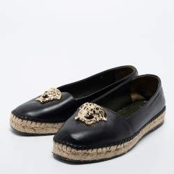 Versace Black Leather Medusa Slip on Espadrille Flats Size 37