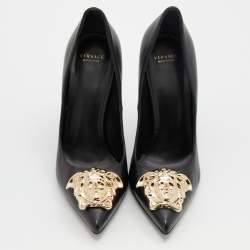 Pre Owned Versace Black Leather Palazzo Medusa Pointed Toe Pumps Size 38