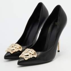 Pre Owned Versace Black Leather Palazzo Medusa Pointed Toe Pumps Size 38