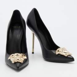 Pre Owned Versace Black Leather Palazzo Medusa Pointed Toe Pumps Size 38