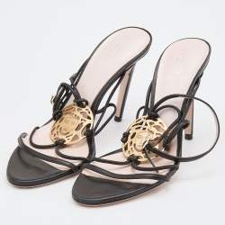 Pre Owned Versace Black Leather Medusa Ankle Strap Sandals Size 39