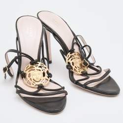 Pre Owned Versace Black Leather Medusa Ankle Strap Sandals Size 39