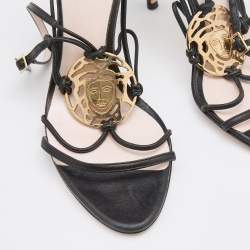 Pre Owned Versace Black Leather Medusa Ankle Strap Sandals Size 39