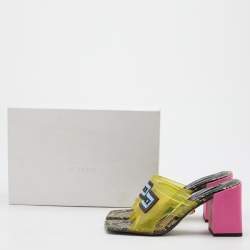 Pre Owned Versace Green PVC Logo Square Toe Block Heel Slide Sandals Size 38