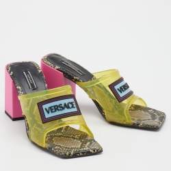 Pre Owned Versace Green PVC Logo Square Toe Block Heel Slide Sandals Size 38