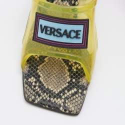 Pre Owned Versace Green PVC Logo Square Toe Block Heel Slide Sandals Size 38