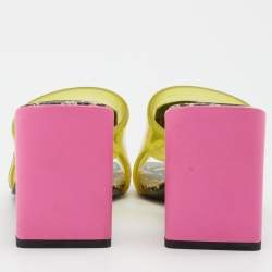 Pre Owned Versace Green PVC Logo Square Toe Block Heel Slide Sandals Size 38