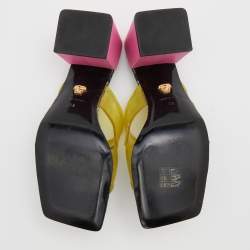 Pre Owned Versace Green PVC Logo Square Toe Block Heel Slide Sandals Size 38