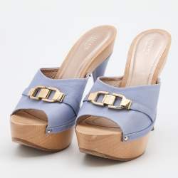 Versace Light Blue Leather Wooden Platform Clogs Size 38.5