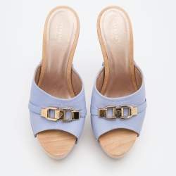 Versace Light Blue Leather Wooden Platform Clogs Size 38.5