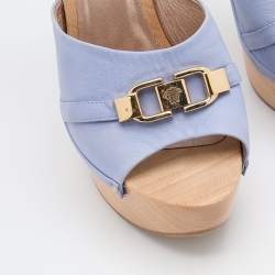 Versace Light Blue Leather Wooden Platform Clogs Size 38.5