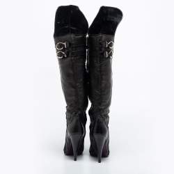 Pre Owned Versace Black Leather Knee Length  Boots Size 39