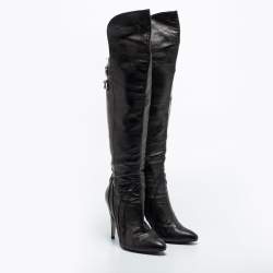 Pre Owned Versace Black Leather Knee Length  Boots Size 39