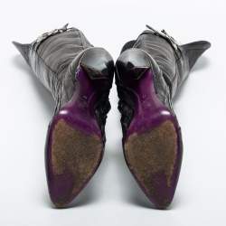 Pre Owned Versace Black Leather Knee Length  Boots Size 39