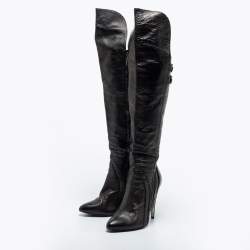 Pre Owned Versace Black Leather Knee Length  Boots Size 39