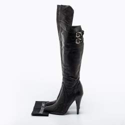 Pre Owned Versace Black Leather Knee Length  Boots Size 39