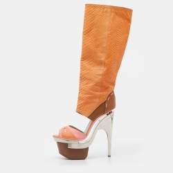 Pre Owned Versace Multicolor Python and Leather Platform Calf Length Boots Size 39.5