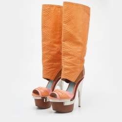 Pre Owned Versace Multicolor Python and Leather Platform Calf Length Boots Size 39.5
