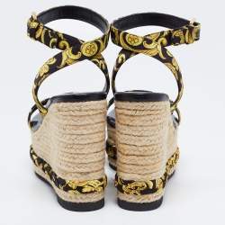 Pre Owned Versace Black/Yellow Hibiscus Print Canvas Espadrille Wedge Ankle Strap Sandals Size 36.5