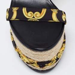 Pre Owned Versace Black/Yellow Hibiscus Print Canvas Espadrille Wedge Ankle Strap Sandals Size 36.5