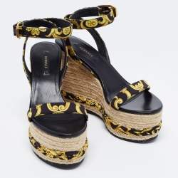 Pre Owned Versace Black/Yellow Hibiscus Print Canvas Espadrille Wedge Ankle Strap Sandals Size 36.5