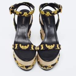Pre Owned Versace Black/Yellow Hibiscus Print Canvas Espadrille Wedge Ankle Strap Sandals Size 36.5