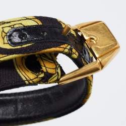 Pre Owned Versace Black/Yellow Hibiscus Print Canvas Espadrille Wedge Ankle Strap Sandals Size 36.5