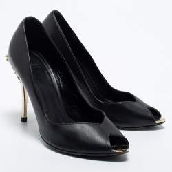 Pre Owned Versace Black Leather Peep Toe Medusa Heel Pumps Size 35.5