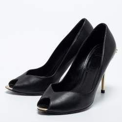 Pre Owned Versace Black Leather Peep Toe Medusa Heel Pumps Size 35.5