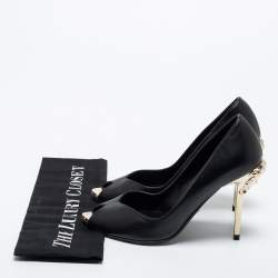 Pre Owned Versace Black Leather Peep Toe Medusa Heel Pumps Size 35.5