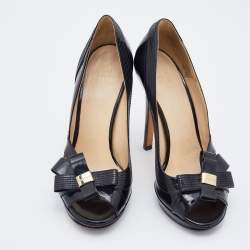 Pre Owned Versace Black Patent Leather Open Toe Platform Pumps SIze 37