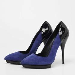 Pre Owned Versace Blue/Black Suede and Patent Leather Platform Pumps Size 38