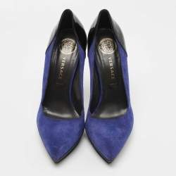 Pre Owned Versace Blue/Black Suede and Patent Leather Platform Pumps Size 38