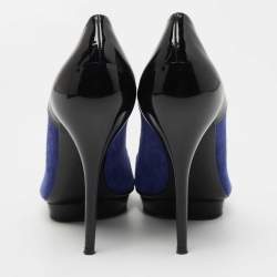 Pre Owned Versace Blue/Black Suede and Patent Leather Platform Pumps Size 38