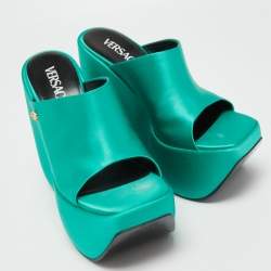 Versace Green Satin Triplatform Wedge Mules Size 38.5