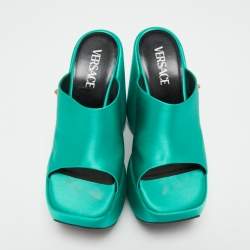 Versace Green Satin Triplatform Wedge Mules Size 38.5