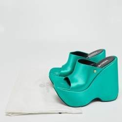 Versace Green Satin Triplatform Wedge Mules Size 38.5