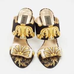 Versace Black/White Canvas Flower Print Slide Sandals Size 37