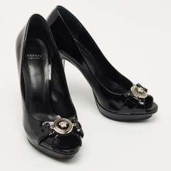 Versace Black Patent Leather Medusa Peep Toe Pumps Size 38