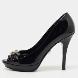 Versace Black Patent Leather Medusa Peep Toe Pumps Size 38