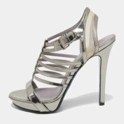 Versace Silver Leather Caged Ankle Strap Sandals Size 39