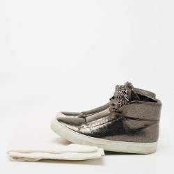 Pre Owned Versace Metallic Grey Laminated Suede Medusa High Top Sneakers Size 35.5