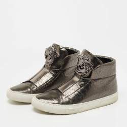 Pre Owned Versace Metallic Grey Laminated Suede Medusa High Top Sneakers Size 35.5