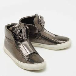 Pre Owned Versace Metallic Grey Laminated Suede Medusa High Top Sneakers Size 35.5