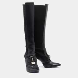 Pre Owned Versace Black Stretch Fabric and Leather Knee Length Boots Size 41