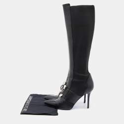 Pre Owned Versace Black Stretch Fabric and Leather Knee Length Boots Size 41