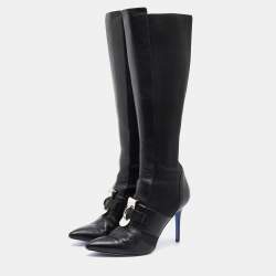 Pre Owned Versace Black Stretch Fabric and Leather Knee Length Boots Size 41