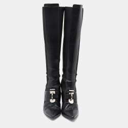 Pre Owned Versace Black Stretch Fabric and Leather Knee Length Boots Size 41